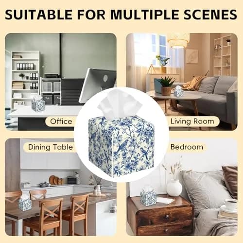 QCBBIRC Tissue Box Cover Square | Vintage Floral & Blue Bird Waterproof Leather (5.2" x 5.2" x 5.2") thumbnail 6
