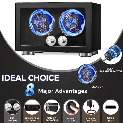 ANWBROAD Automatic Double Watch Winder Box 4 Mode | Quiet Motor, Vertical Winding, LED thumbnail 2