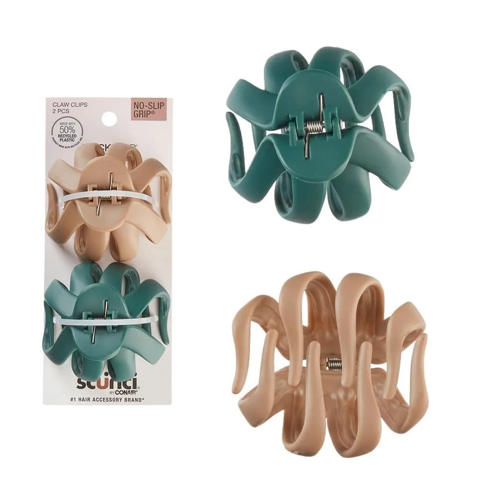 Scunci by Conair No-Slip Grip Octopus Claw Clips (2 Count, Tortoise & Black) | Jaw Clips for Thick Hair — Beige & Green