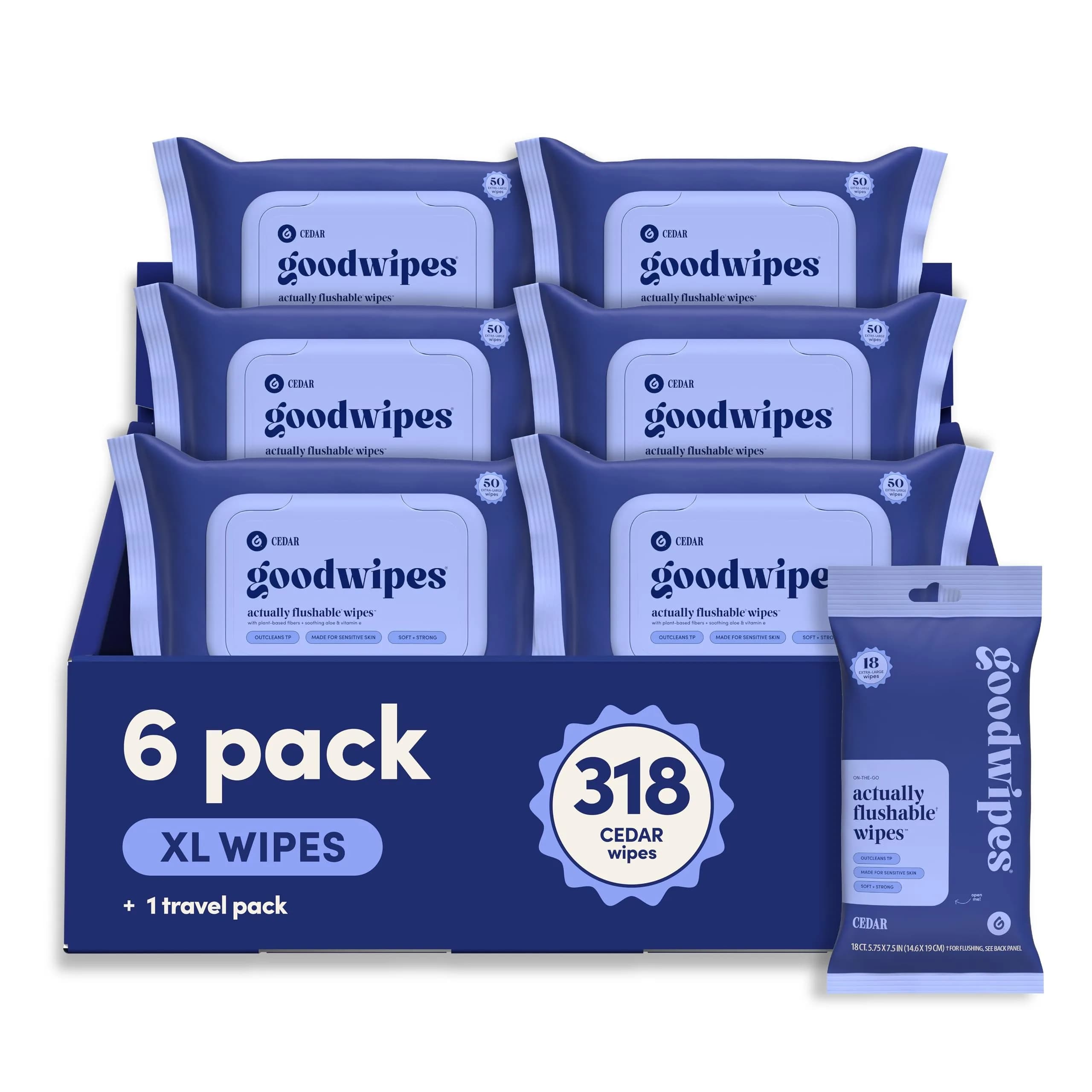 goodwipes Flushable Wipes Lavender Scent 300 Count (6 x 50 Count Packs) | Septic Safe & Biodegradable — Cedar