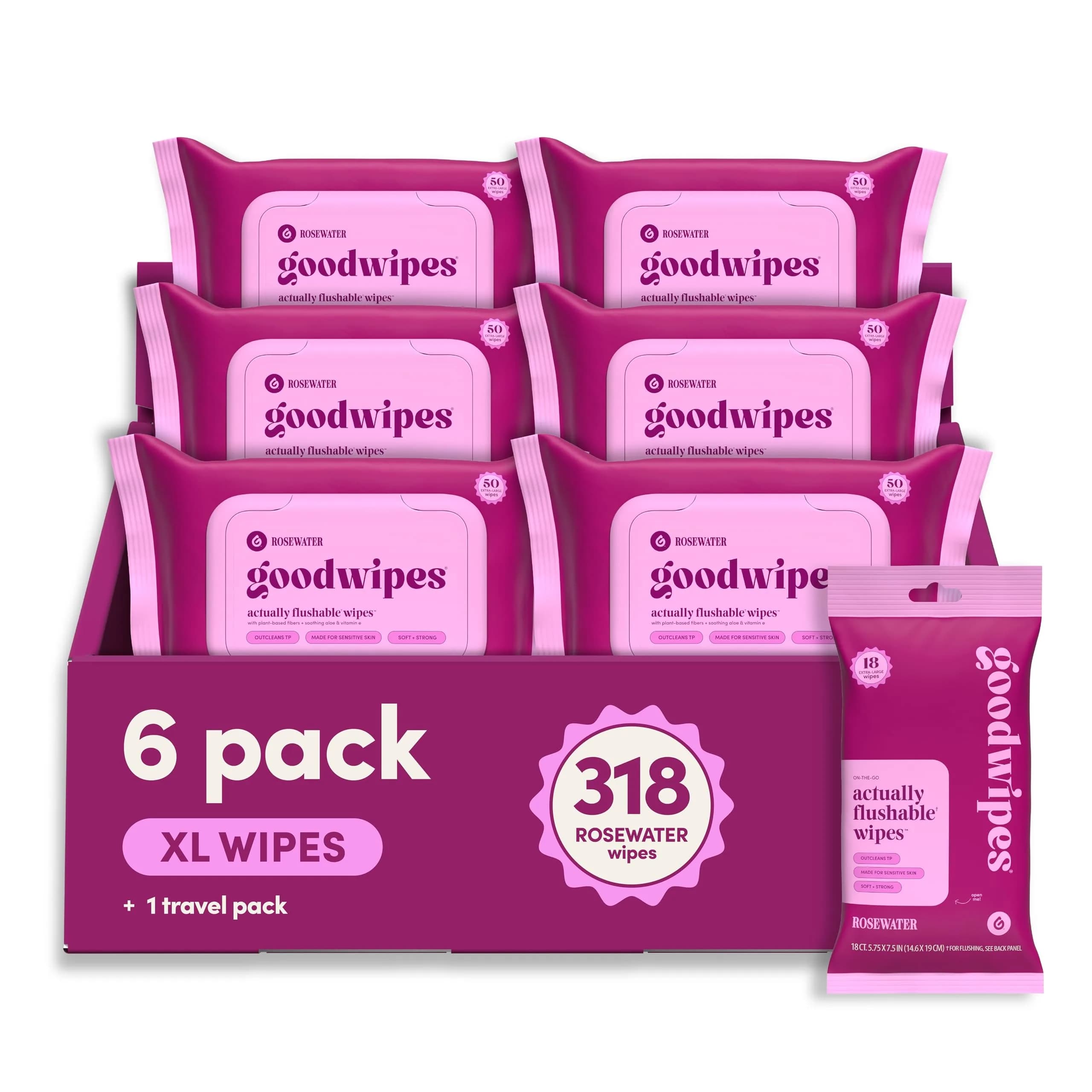goodwipes Flushable Wipes Lavender Scent 300 Count (6 x 50 Count Packs) | Septic Safe & Biodegradable — Rose