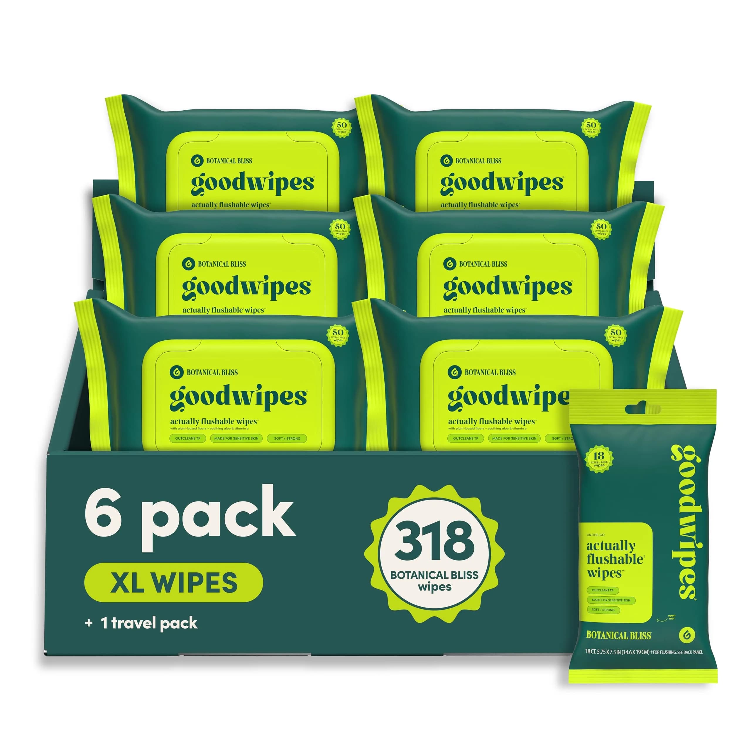 goodwipes Flushable Wipes Lavender Scent 300 Count (6 x 50 Count Packs) | Septic Safe & Biodegradable — Botanical Bliss