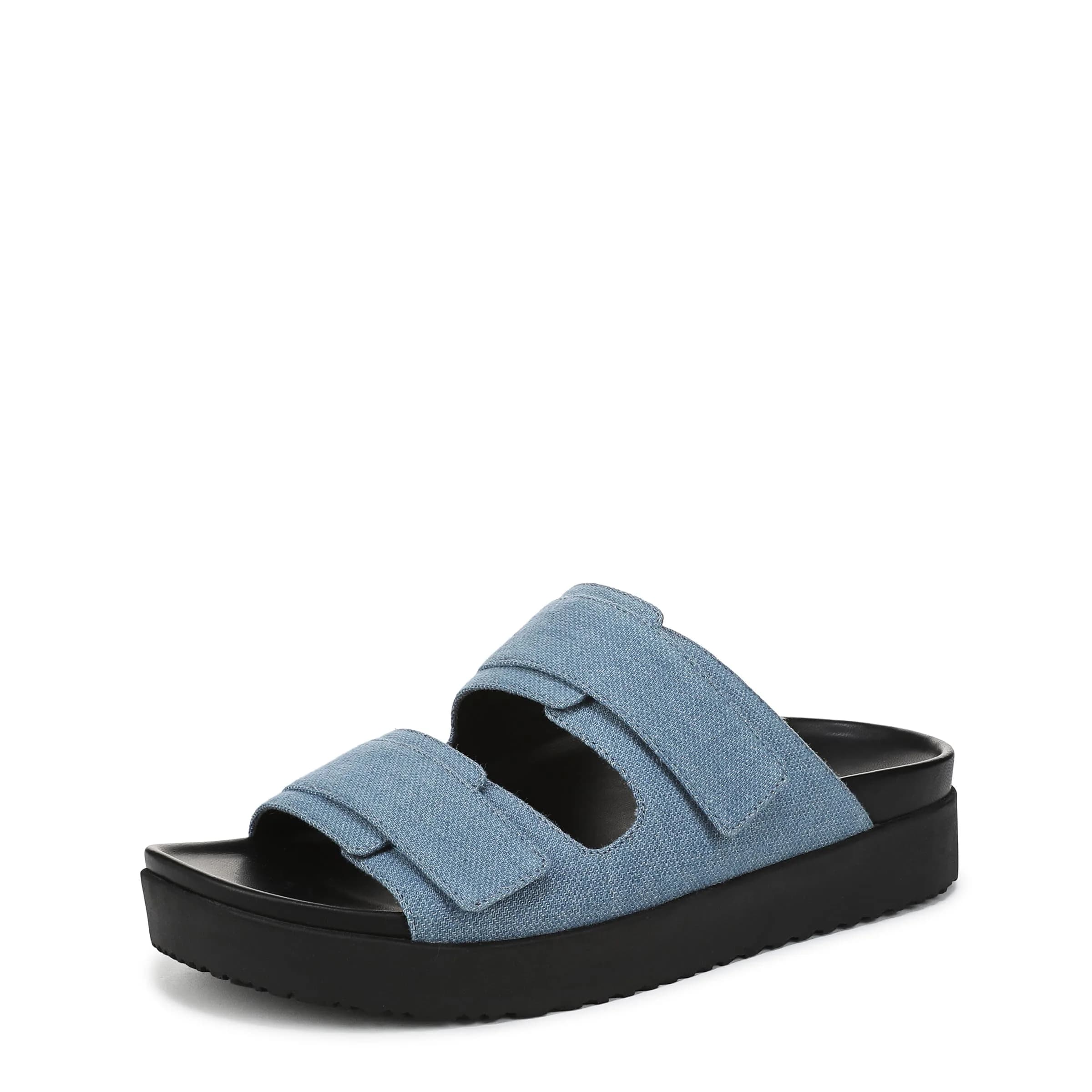Vionic Women's Riviera Slide Sandals Skipper Blue/Gold 7.5 Wide | Built-in VIO MOTION Technology Arch Support — Medium Denim Fabric / 11