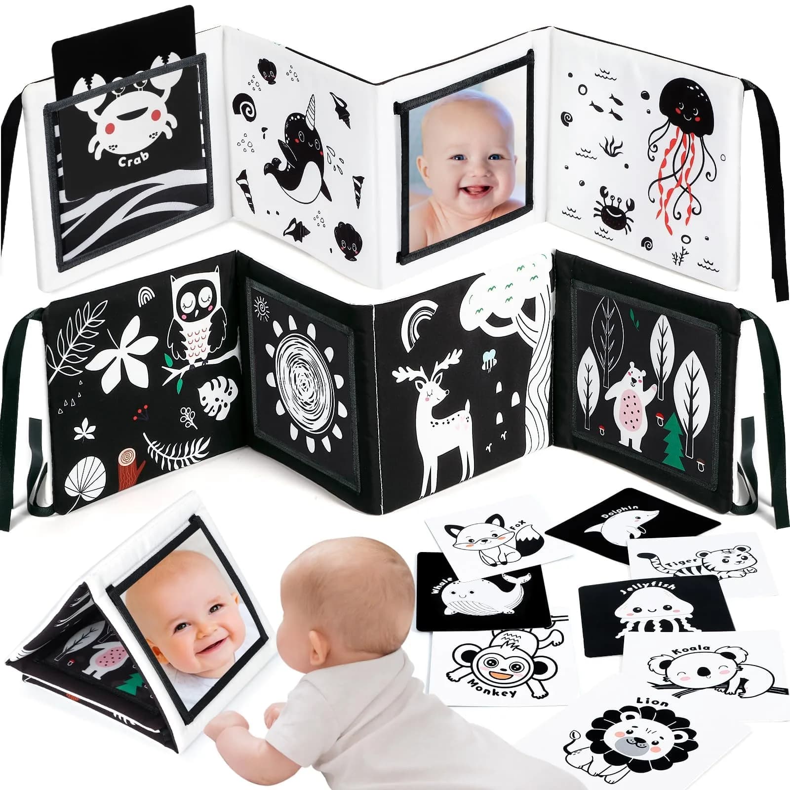 URMYWO Tummy Time Mirror Toys, Visual Stimulation Learning Cards & Soft Baby Book | Black & White, 68cm x 16cm
