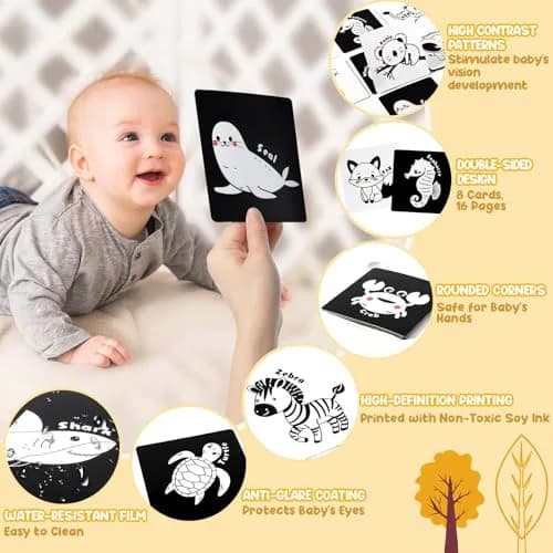 URMYWO Tummy Time Mirror Toys, Visual Stimulation Learning Cards & Soft Baby Book | Black & White, 68cm x 16cm thumbnail 4