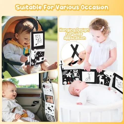 URMYWO Tummy Time Mirror Toys, Visual Stimulation Learning Cards & Soft Baby Book | Black & White, 68cm x 16cm thumbnail 8