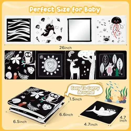 URMYWO Tummy Time Mirror Toys, Visual Stimulation Learning Cards & Soft Baby Book | Black & White, 68cm x 16cm thumbnail 3