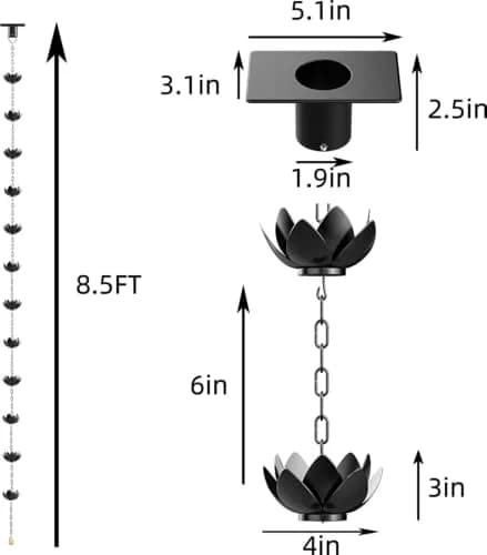 Wellrain Black Lotus Rain Chain 2.59 m (8.5 FT) with 12 Cups | Decorative Gutter Downspout Replacement for Gardens & Patios thumbnail 6