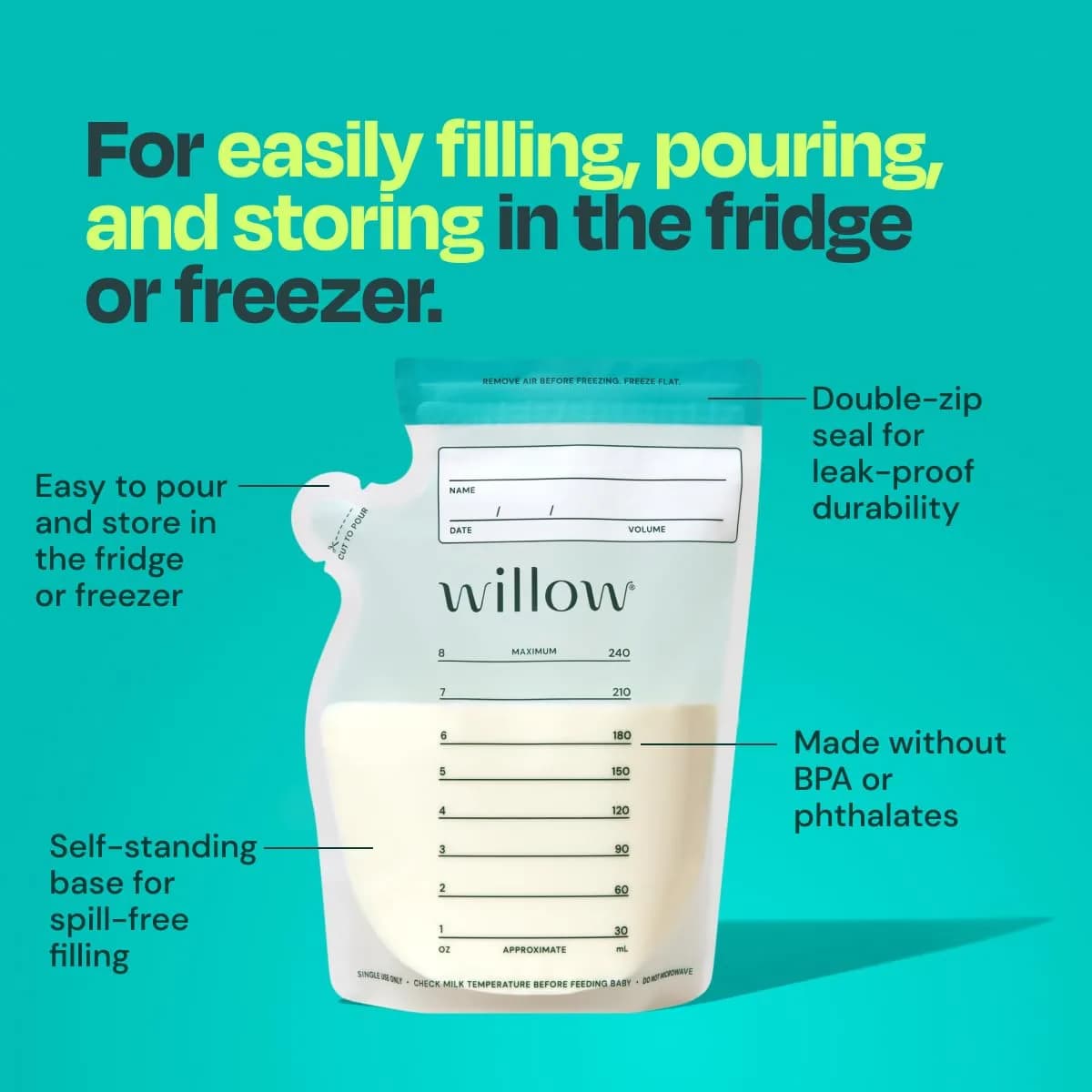 Willow 8oz Breast Milk Storage Bags (100-Pack) | Double Zip Seal, Freezer Safe, BPA-Free thumbnail 2