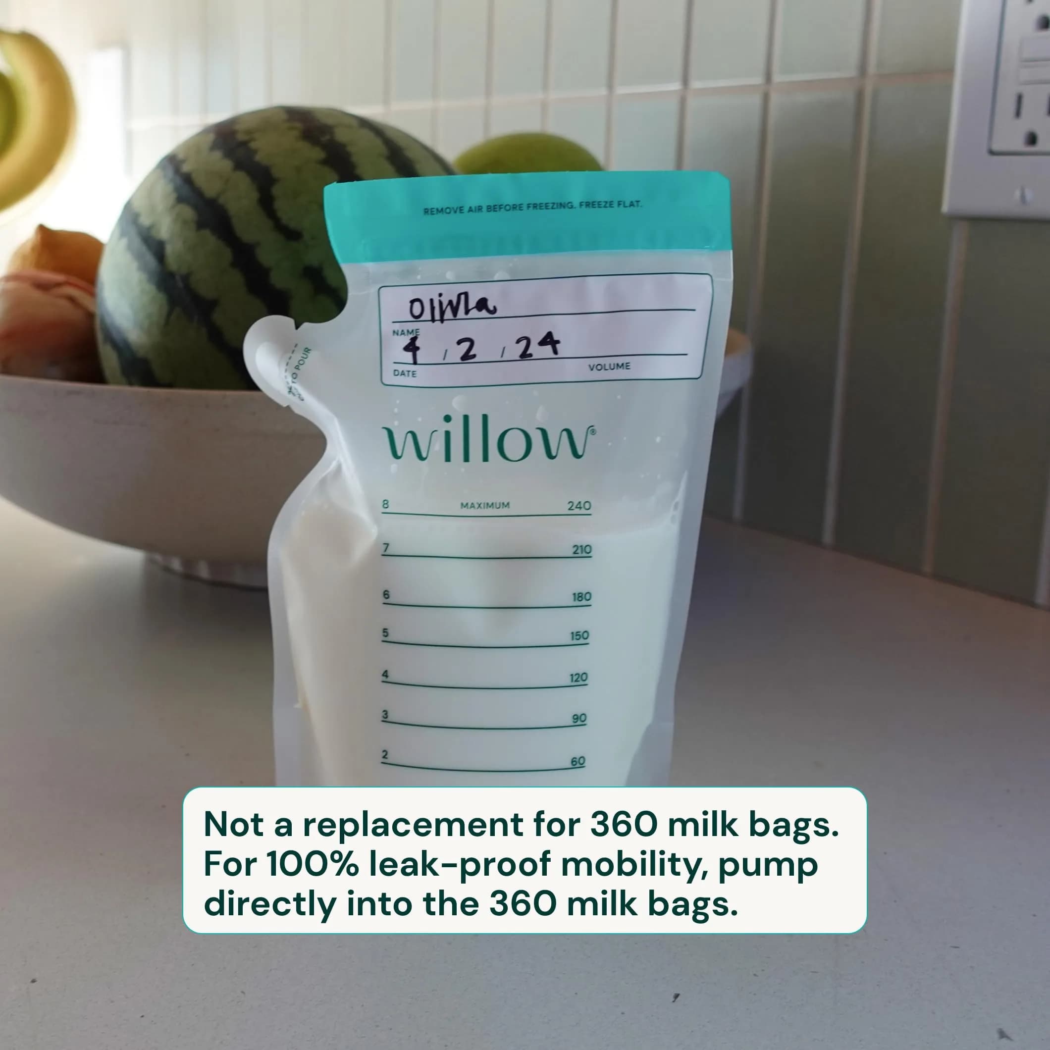 Willow 8oz Breast Milk Storage Bags (100-Pack) | Double Zip Seal, Freezer Safe, BPA-Free thumbnail 6