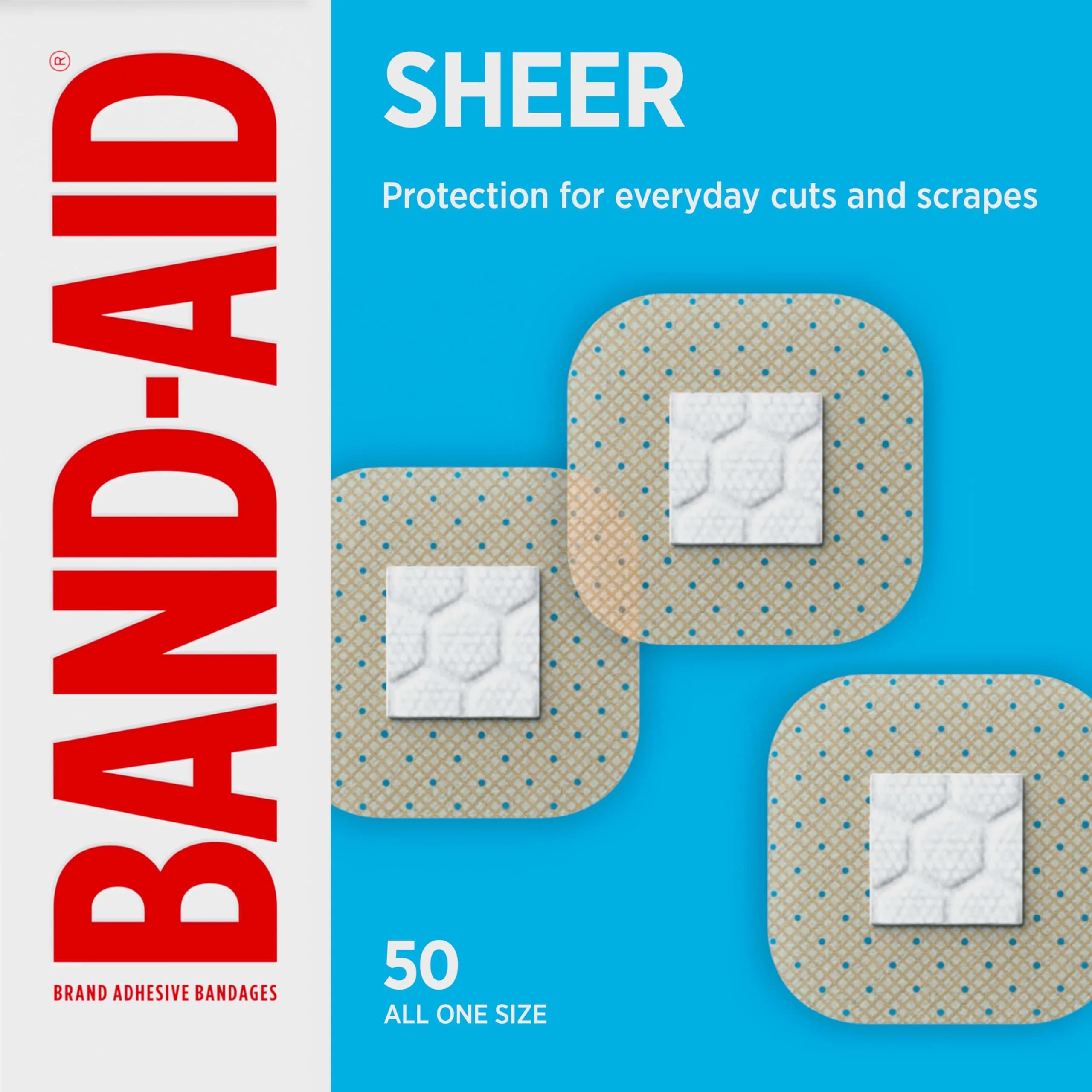 BAND-AID Brand Sheer Spot Square Adhesive Bandages 50 Count | Sterile Wound Care for Minor Cuts & Burns