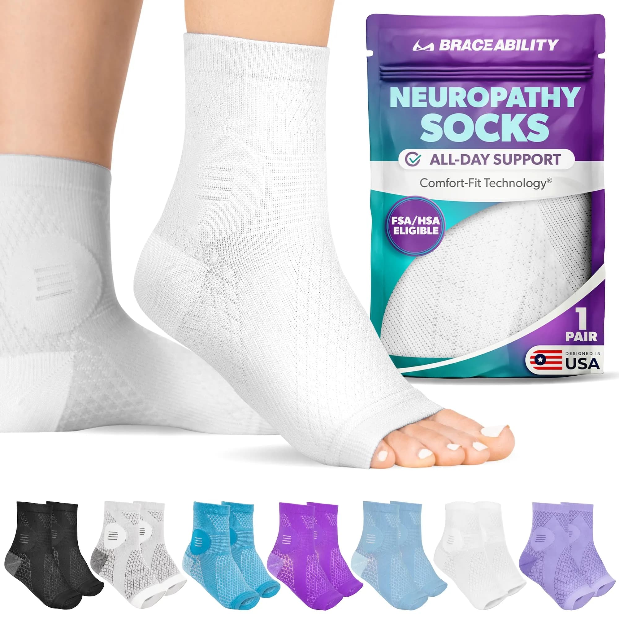 BraceAbility Large White Neuropathy Socks - 1 Pair | Medical Compression for Nerve Pain