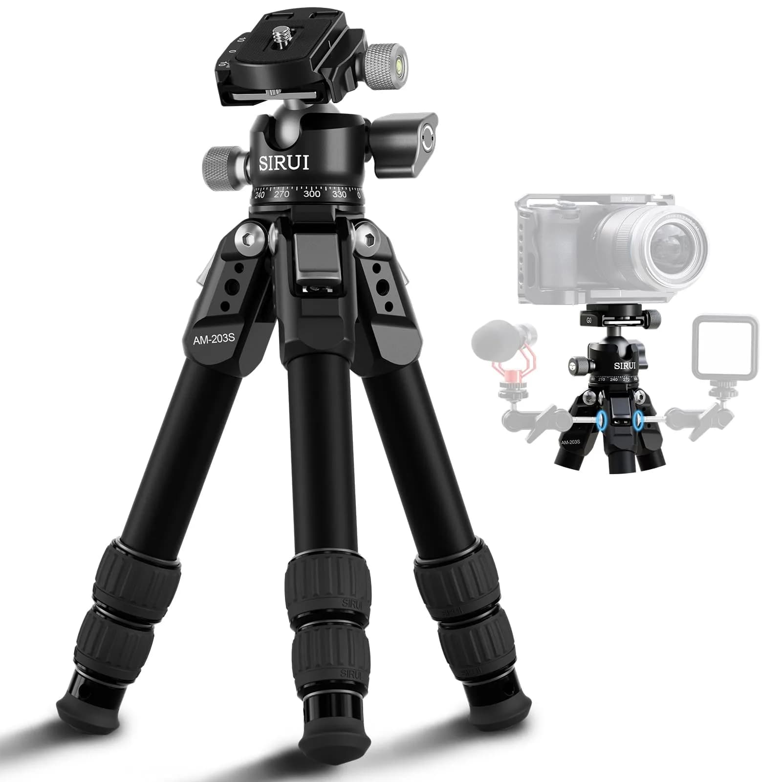 Sirui AM-203 Aluminum Mini Travel Tripod with B00K Ball Head 42cm (16.7") | Lightweight & Portable for DSLR/Mirrorless Cameras — AM-203S+G0