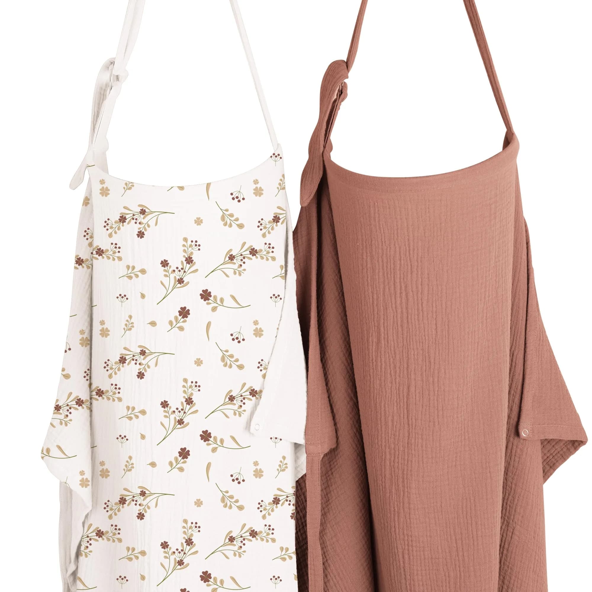 Konssy 2-Pack Muslin Nursing Cover Up with Rigid Hoop | 100% Cotton, Breathable, Adjustable Strap — Chestnut, Posy