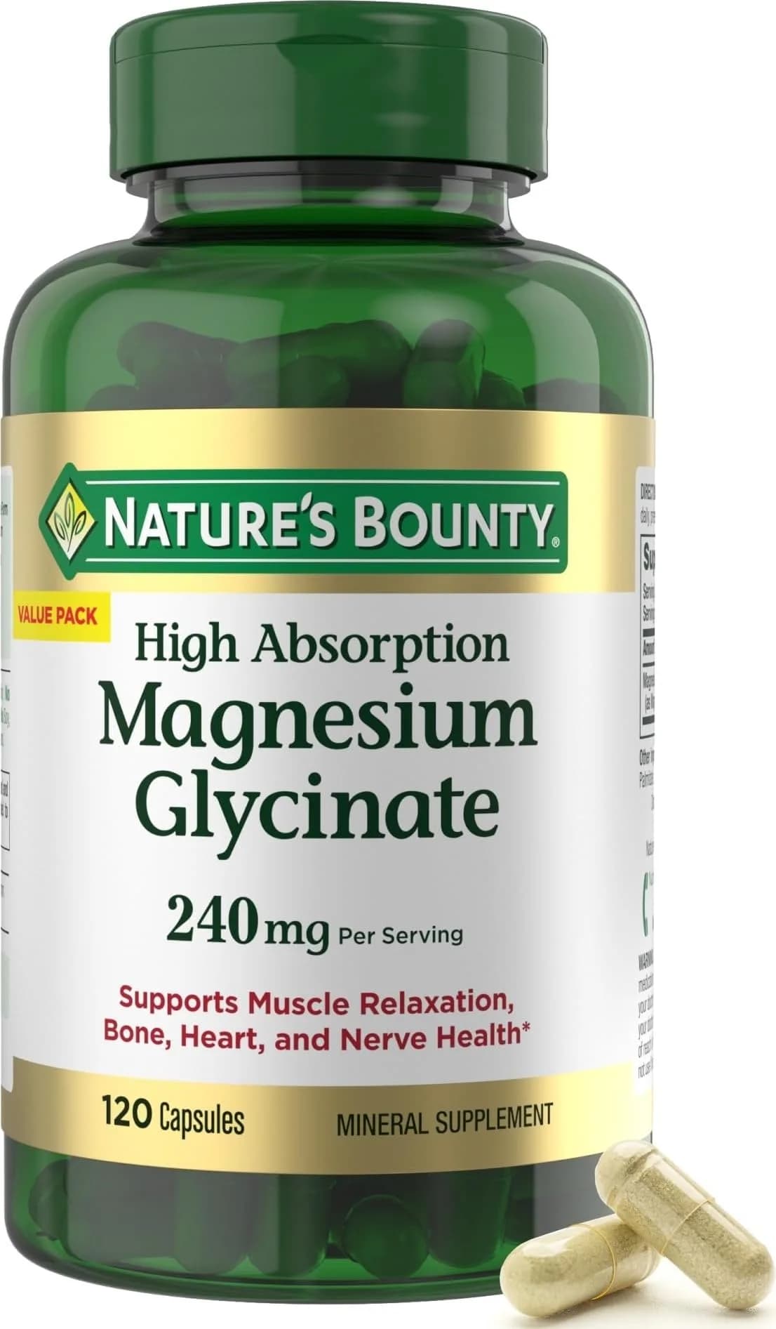 Nature's Bounty Magnesium Glycinate 240 mg | Supports Muscle, Bone & Heart Health | Vegetarian, Gluten-Free, Non-GMO (120 Capsules) - main product image