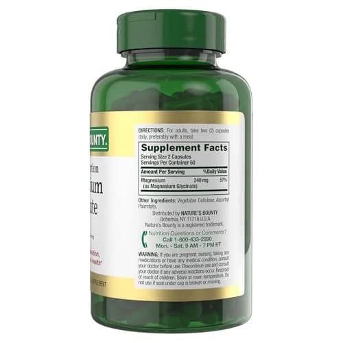 Nature's Bounty Magnesium Glycinate 240 mg | Supports Muscle, Bone & Heart Health | Vegetarian, Gluten-Free, Non-GMO (120 Capsules) thumbnail 8