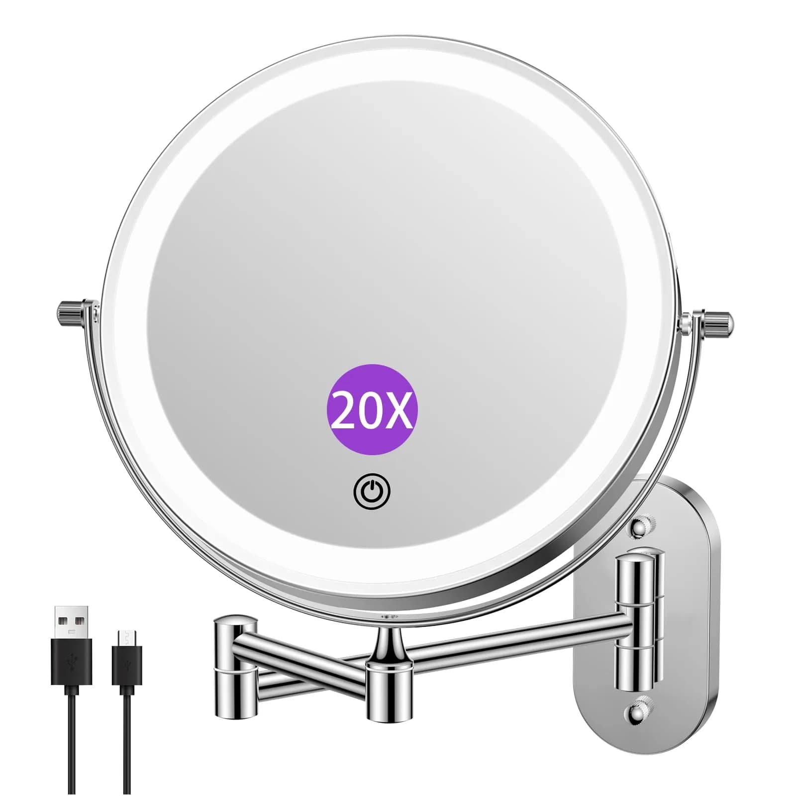 FUNTOUCH Rechargeable Wall Mounted Lighted Makeup Mirror 8 Inch 1X/20X Magnification | 3 Color Lights, Extendable Arm