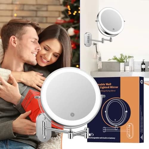 FUNTOUCH Rechargeable Wall Mounted Lighted Makeup Mirror 8 Inch 1X/20X Magnification | 3 Color Lights, Extendable Arm thumbnail 7