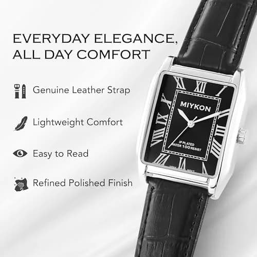 Miykon Men Vintage Tank Dress Watch 38mm | Genuine Leather, Water Resistant thumbnail 7