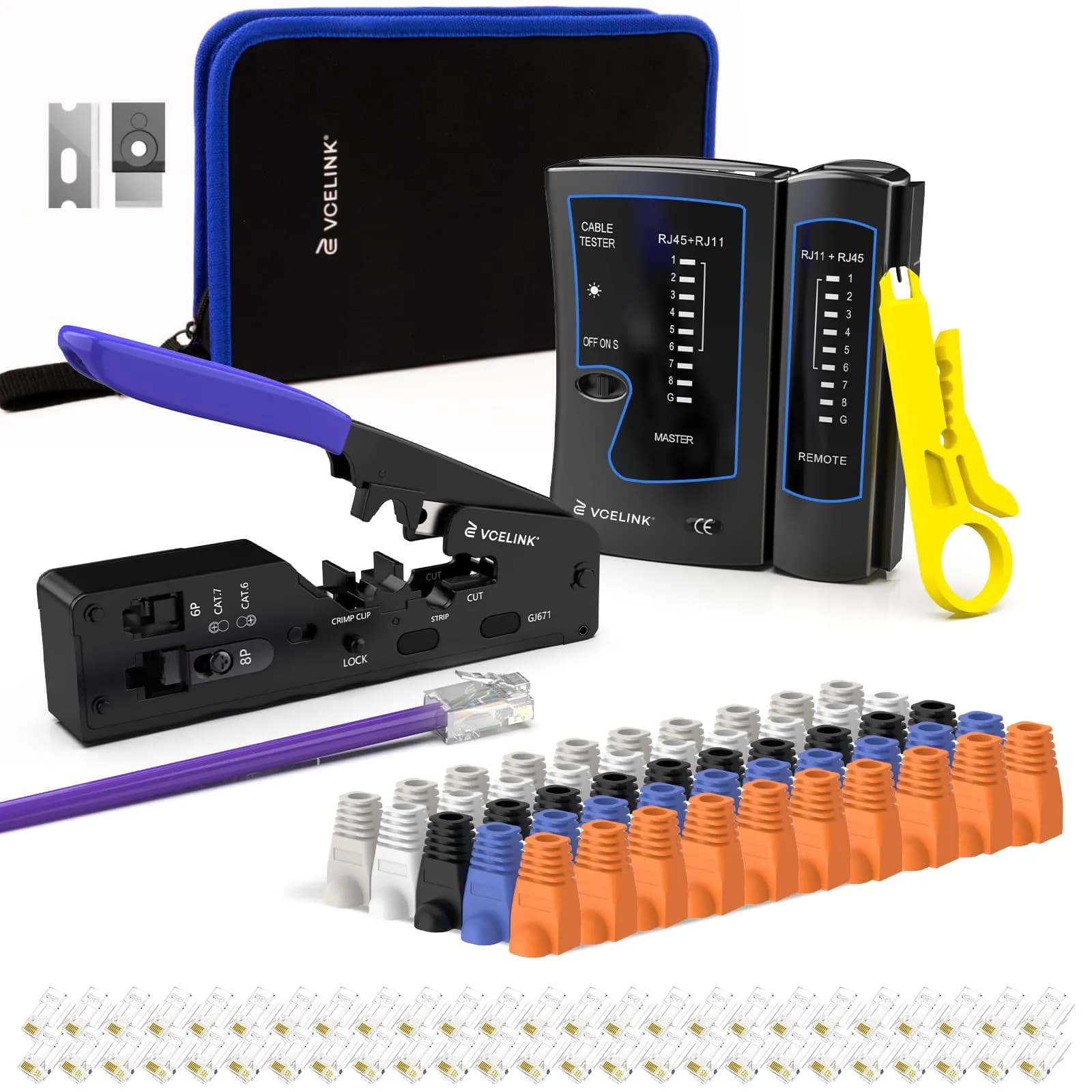 VCELINK RJ45 Crimp Tool Kit with LAN Tester & 50 Connectors | All-in-One Network Solution for Cat6, Cat5e, RJ11 - main product image