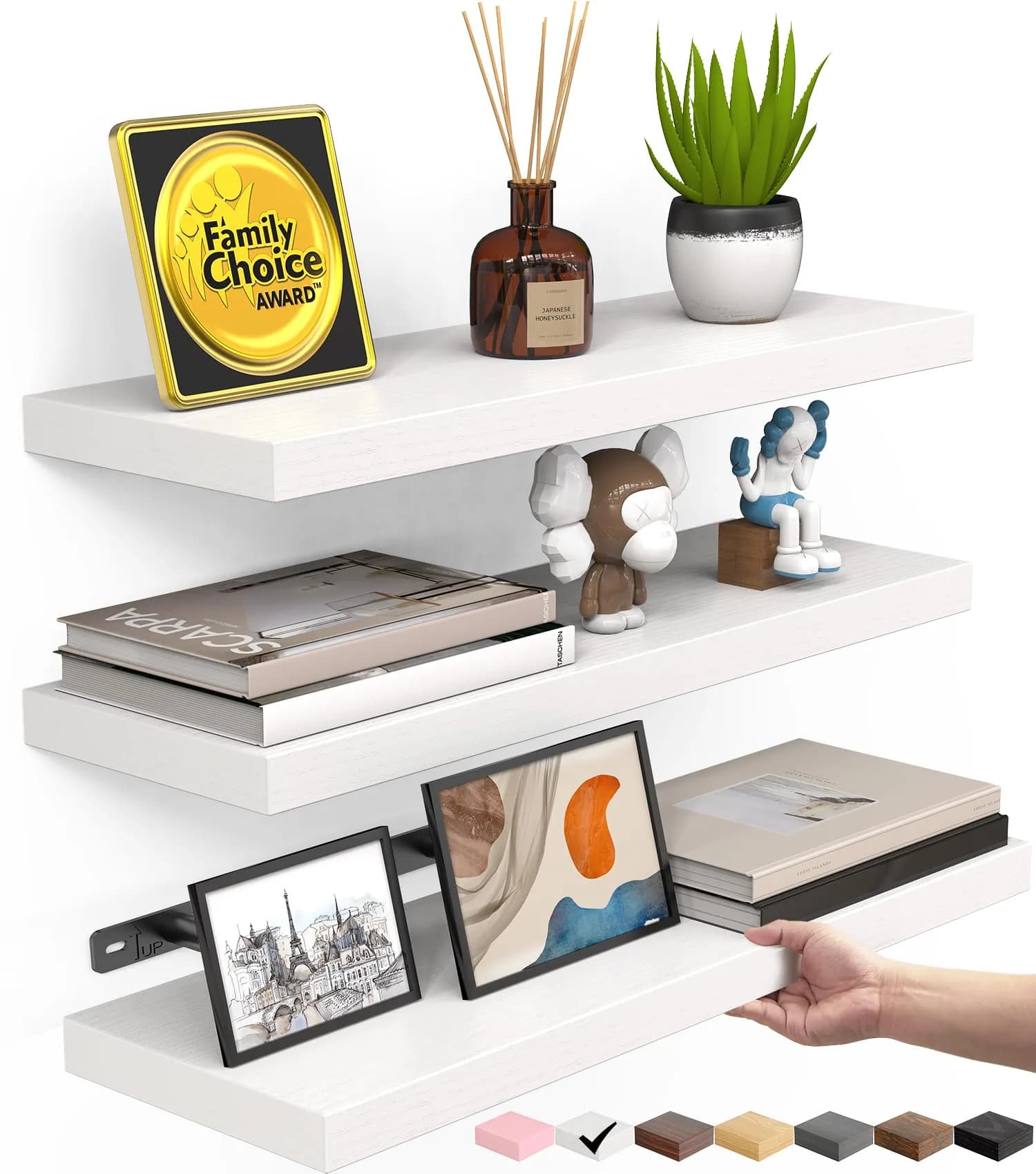 BAYKA Rustic Brown Floating Shelves, 15.7in (39.9cm) Wide, Set of 3 | Sturdy Engineered Wood Wall Mount Shelf for Bathroom, Kitchen, Living Room — C. White - Modern Minimalist Style