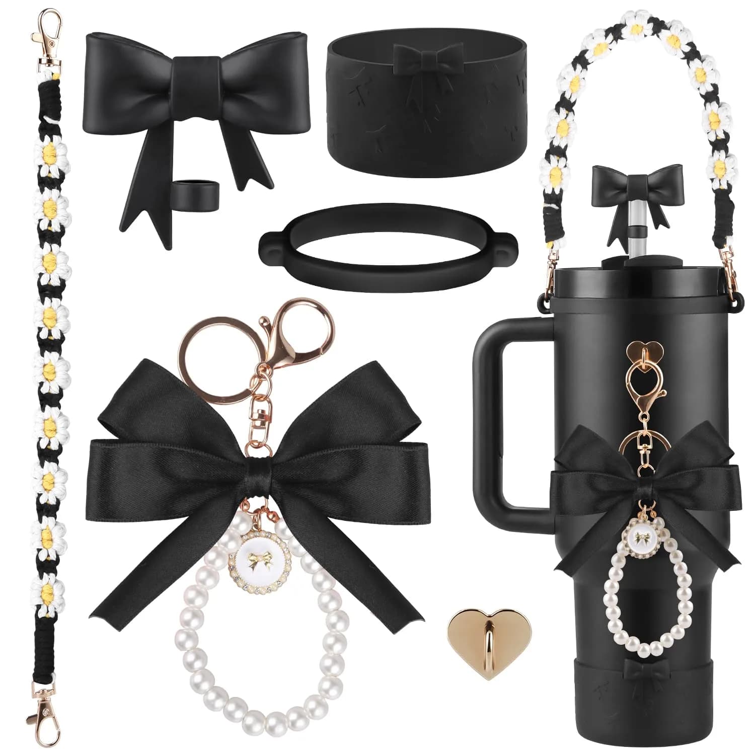 RONGFY Black Bow Accessories Set for Stanley Tumbler | 6-Piece Set with Handle Strap, Boot, Straw Cover — Black