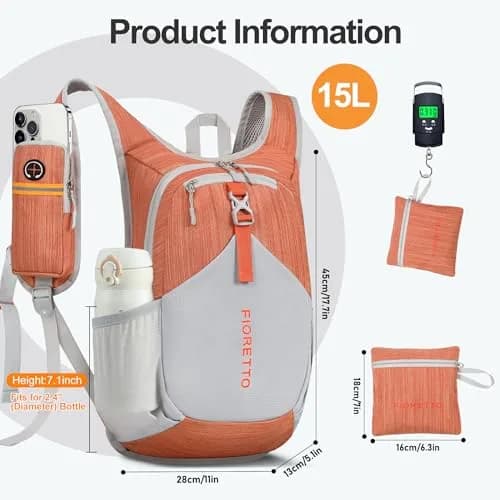 FIORETTO 15L Hiking Backpack for Men Women Lightweight Foldable Small Daypack for Travel Camping Outdoor, Orange | Compact 15L, Water-Resistant thumbnail 5