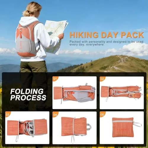 FIORETTO 15L Hiking Backpack for Men Women Lightweight Foldable Small Daypack for Travel Camping Outdoor, Orange | Compact 15L, Water-Resistant thumbnail 9