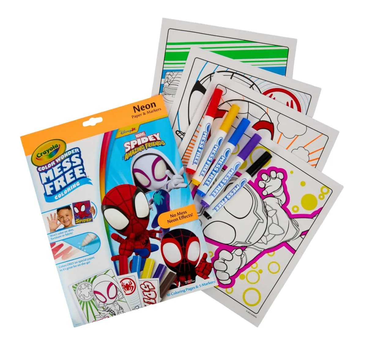 Crayola Color Wonder Spidey and His Amazing Friends Neon Coloring Kit, 15 Pieces | Mess-Free Art Supplies for Toddlers