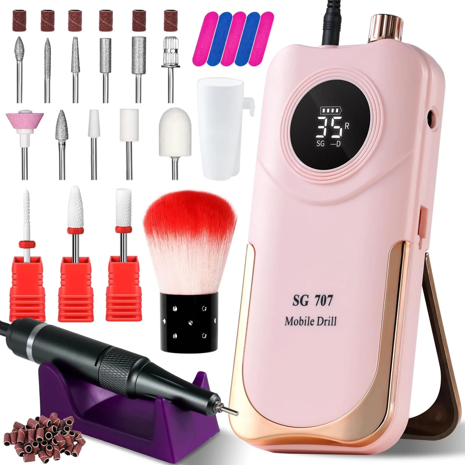 MOSKANY Professional Nail Drill Kit 35000RPM Pink | 12V (48W) Rechargeable Cordless Electric Nail File with LCD Display & 14 Bits — Pink