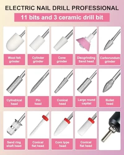 MOSKANY Professional Nail Drill Kit 35000RPM Pink | 12V (48W) Rechargeable Cordless Electric Nail File with LCD Display & 14 Bits thumbnail 8