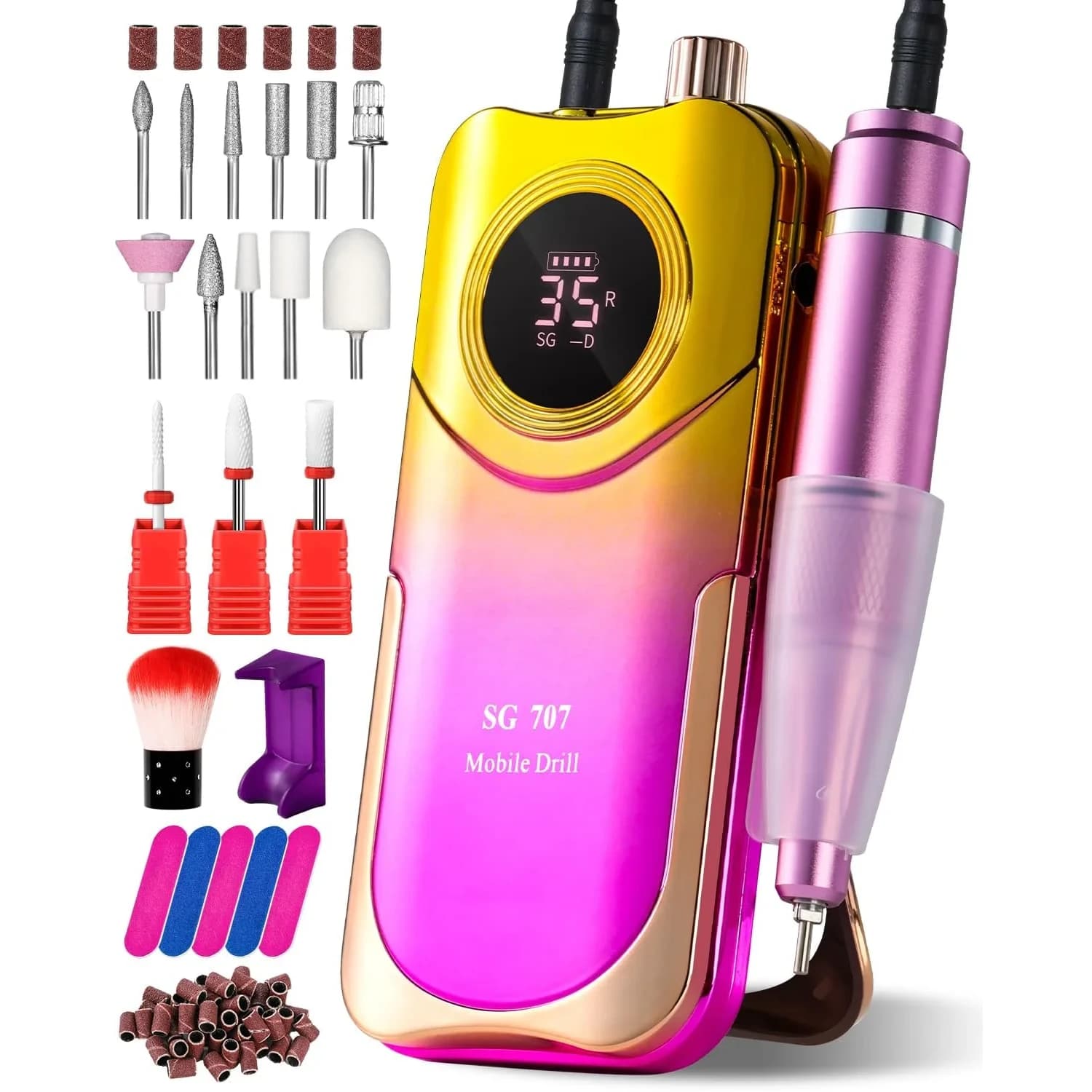 MOSKANY Professional Nail Drill Kit 35000RPM Pink | 12V (48W) Rechargeable Cordless Electric Nail File with LCD Display & 14 Bits — Gradient Purple Gold