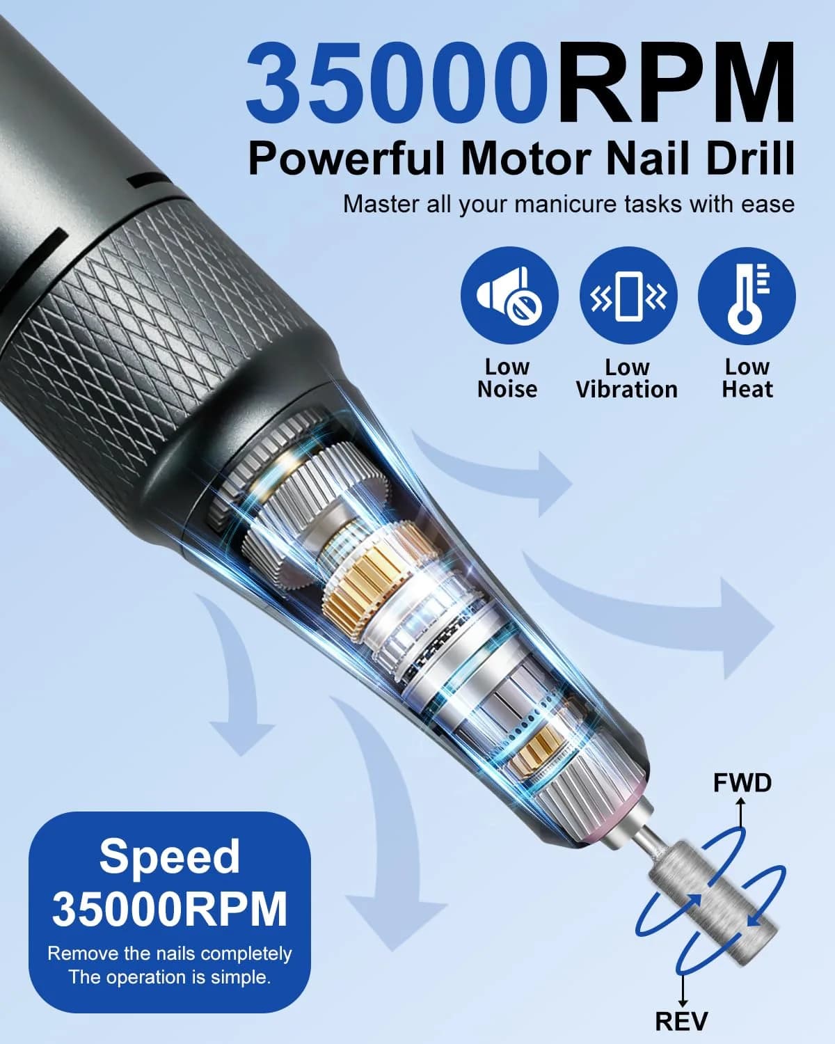 MOSKANY Professional Nail Drill Kit 35000RPM Pink | 12V (48W) Rechargeable Cordless Electric Nail File with LCD Display & 14 Bits — White