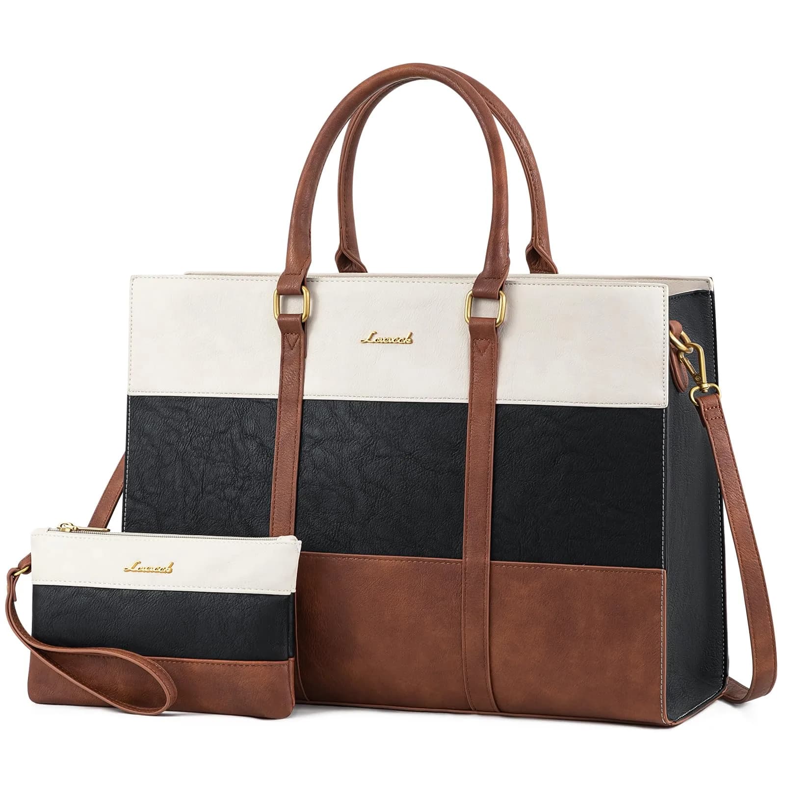 LOVEVOOK Laptop Bag for Women, 15.6 Inch Vintage Leather Tote Bag | Waterproof Computer Bag with Clutch Purse — Black - Brown - Beige / 17.3 inch