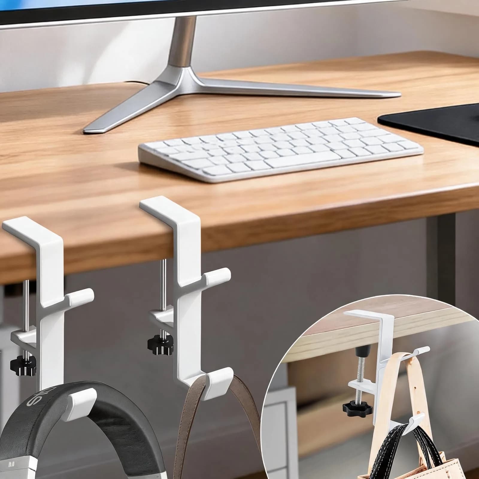 CaLeQi White 2 Pcs Double Hook Clamp Mount for Desks & Tables | Holds up to 13.6 kg (30 lb) - main product image