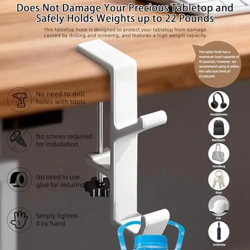 CaLeQi White 2 Pcs Double Hook Clamp Mount for Desks & Tables | Holds up to 13.6 kg (30 lb) thumbnail 4