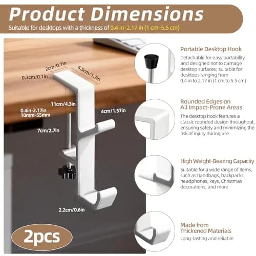 CaLeQi White 2 Pcs Double Hook Clamp Mount for Desks & Tables | Holds up to 13.6 kg (30 lb) thumbnail 2