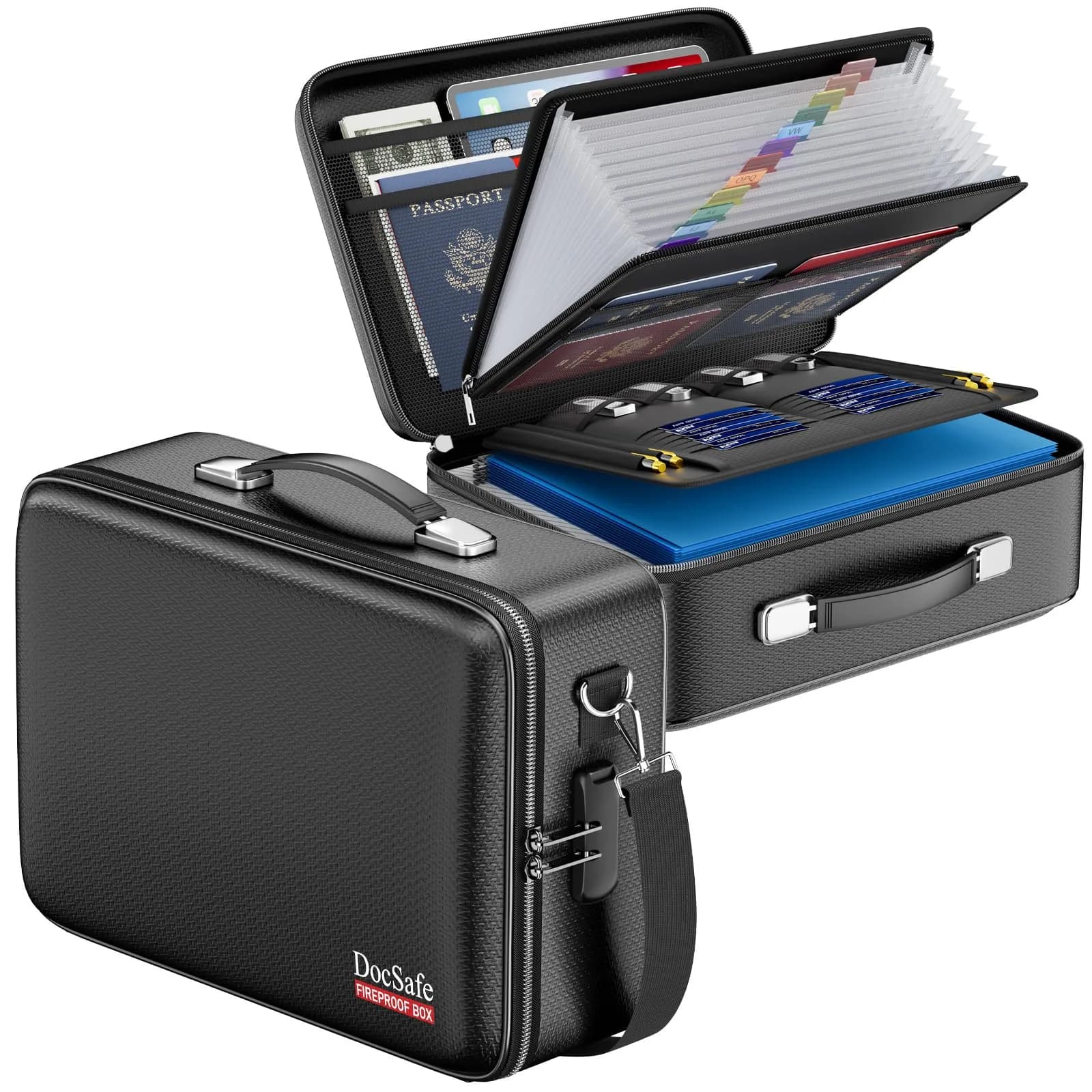 DocSafe Fireproof Document Box Hard Case with Lock & Accordion File Folder | Multi-Layer Safe Storage for Important Documents
