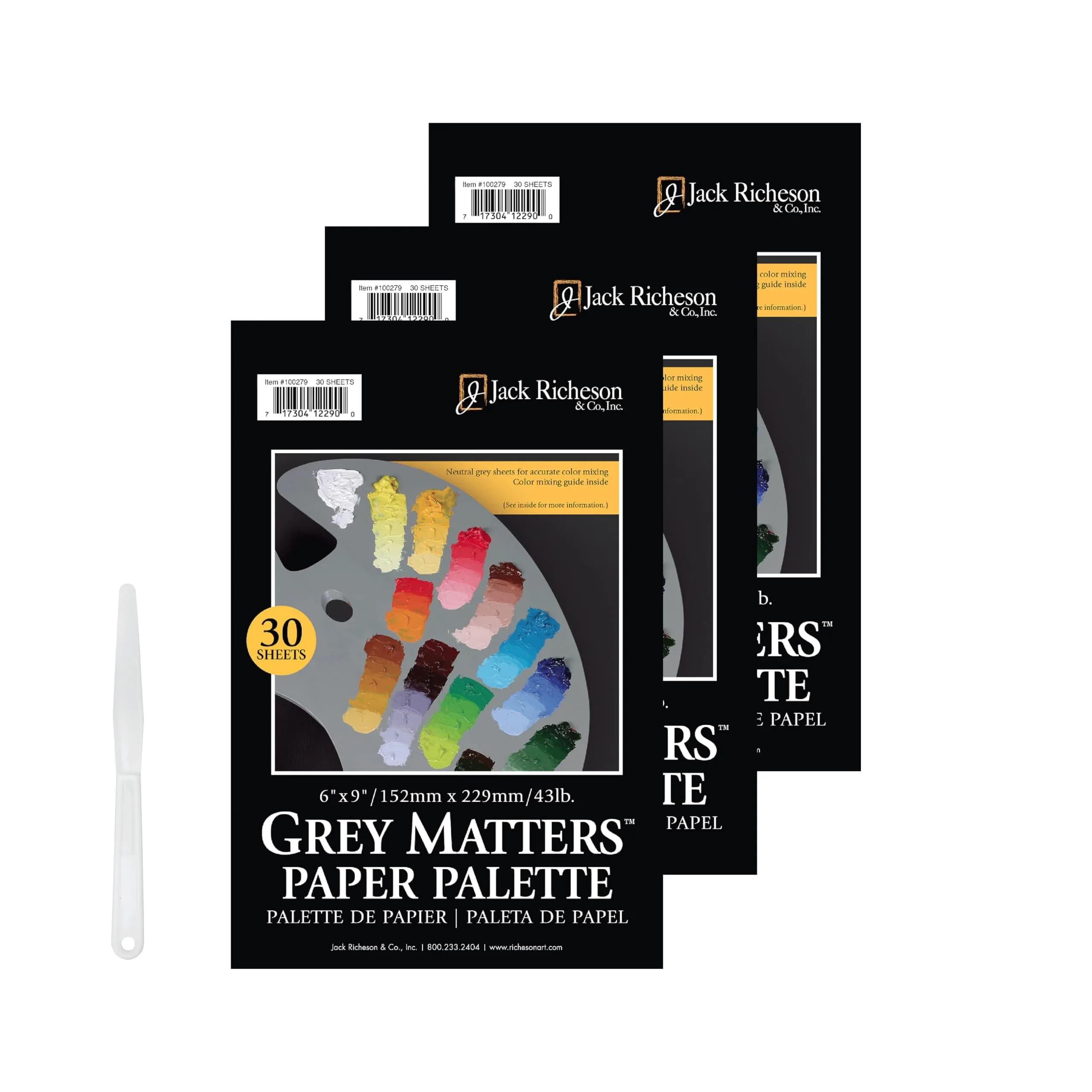 Jack Richeson Grey Matters Disposable Paper Palette 6” x 9” | Acid-Free, Seep-Resistant, 3 Pack with Palette Knife - main product image