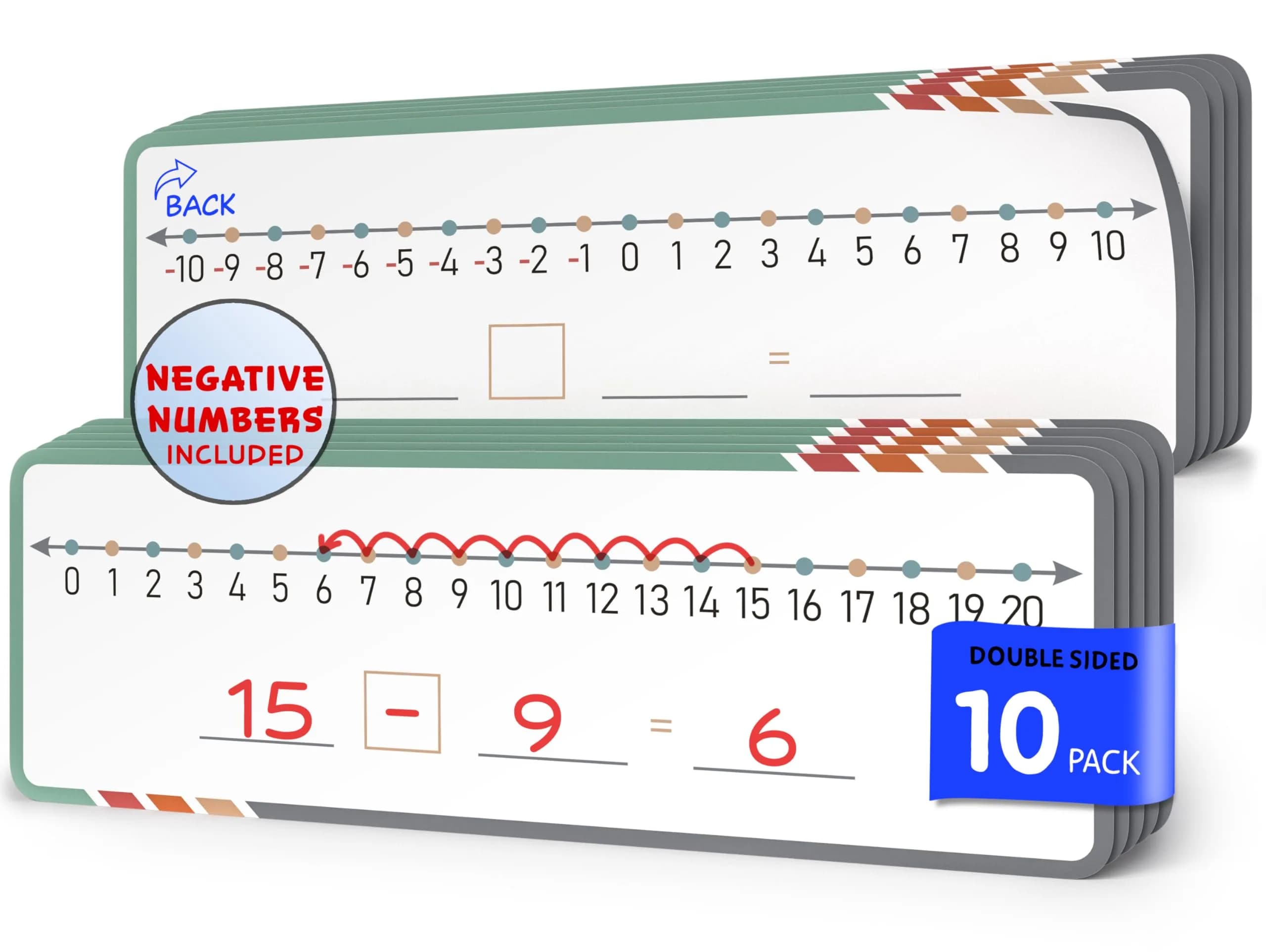 Scribbledo Dry Erase Negative Number Line Sheets (4x12 Inch, 10-Pack) | Visual Math Practice for Grades 2-6 - main product image