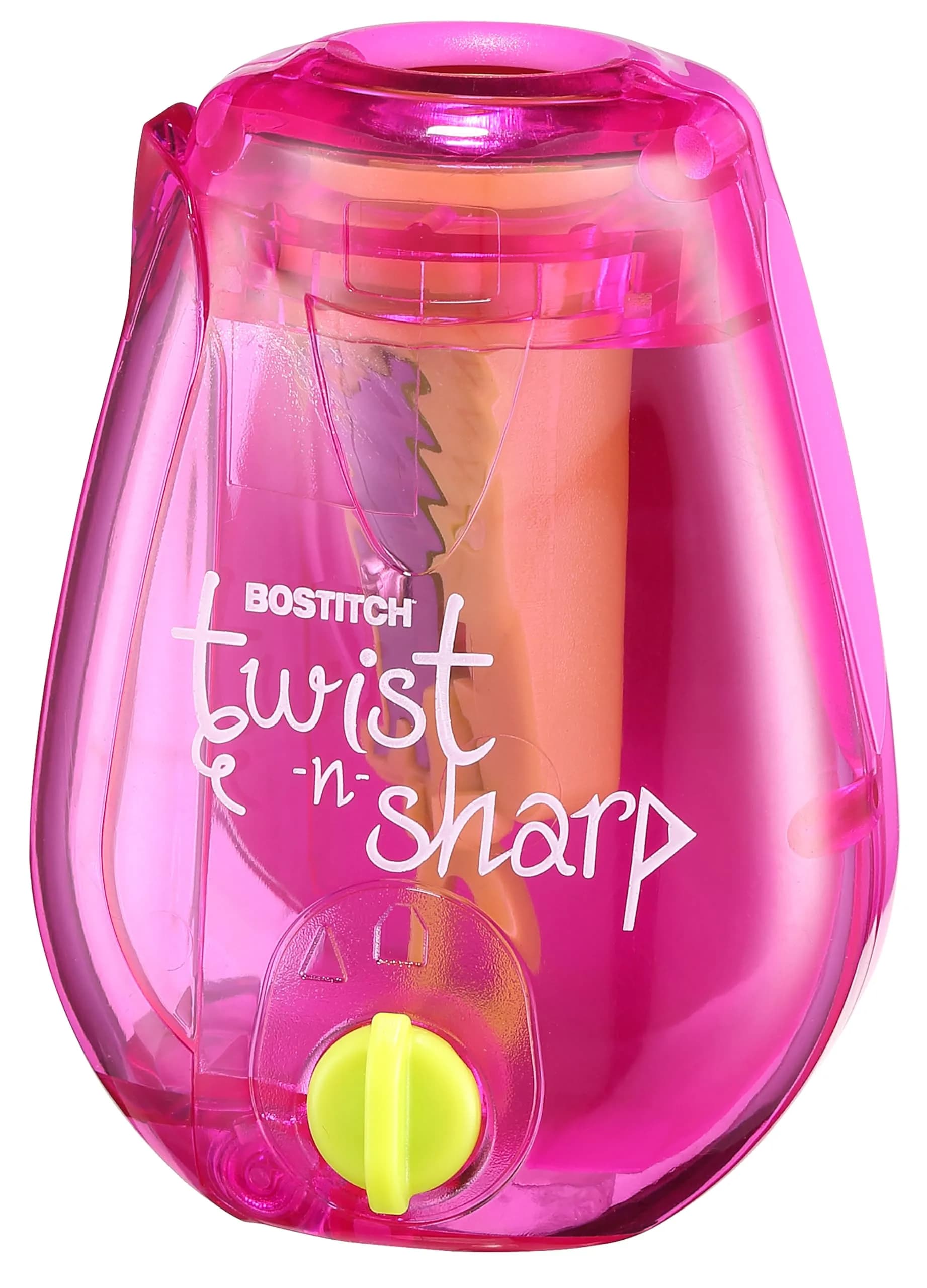 Bostitch Twist-n-Sharp Pencil Sharpener, Kids & Colored Pencils, Pink | Customizable Point & Tip Saver Technology