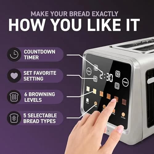 Nostalgia Inspirex Touch Screen Toaster - 2 Slice Extra-Wide Slots | 5 Bread Types & 6 Browning Levels thumbnail 5