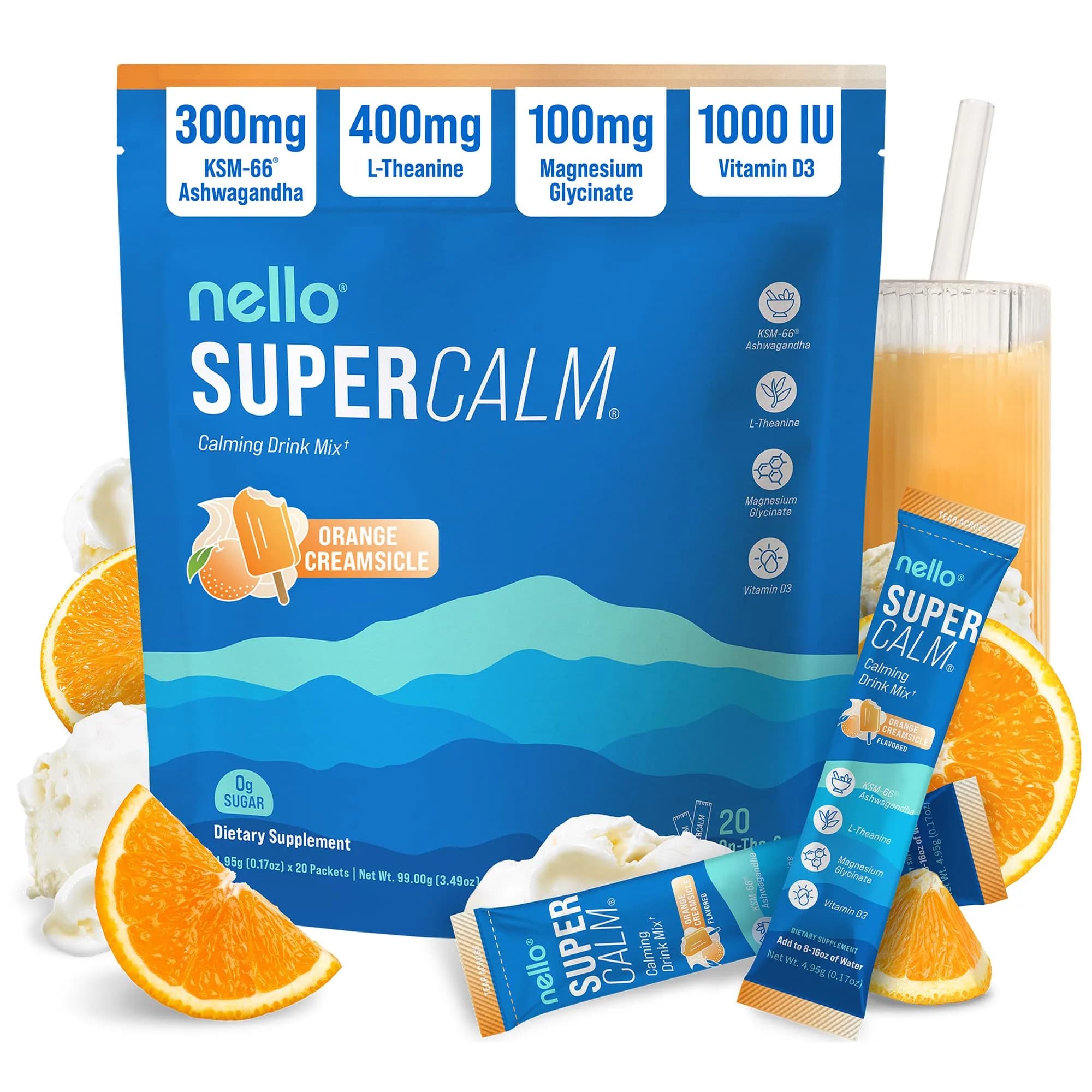 Nello Supercalm Powdered Drink Mix Orange Creamsicle 20 Servings (3 oz) | Cortisol Reducer & Sleep Aid with L-Theanine, Ashwagandha, Magnesium, Vitamin D