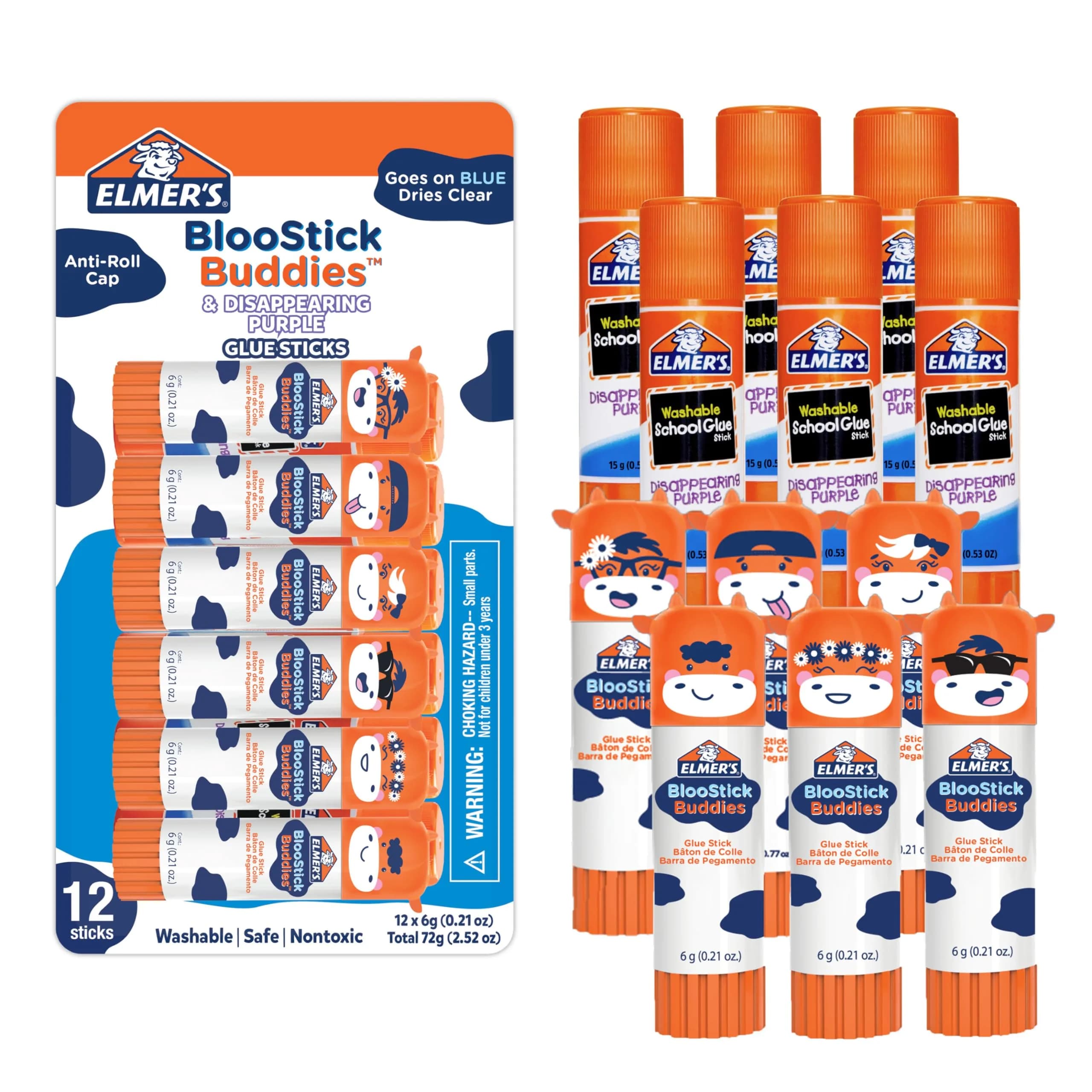 Elmer's Glue Sticks Combo Pack, BlooStick Buddies & Disappearing Purple, 12 Count (6g Each) | Fun, Washable School & Craft Adhesive
