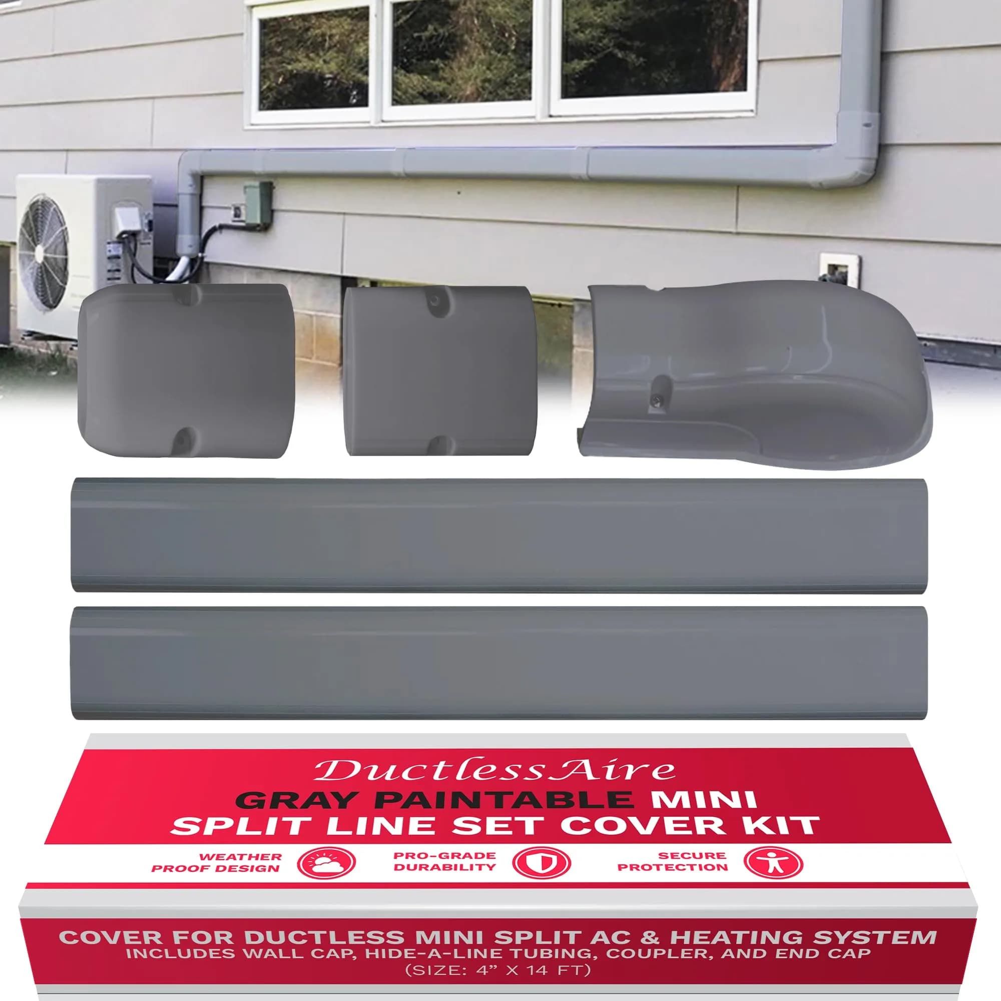 DuctlessAire White Mini Split Line Set Cover Kit 2.29 m (7.5 ft) | Protects AC Wiring & Tubing — Gray / 4 x 14 in