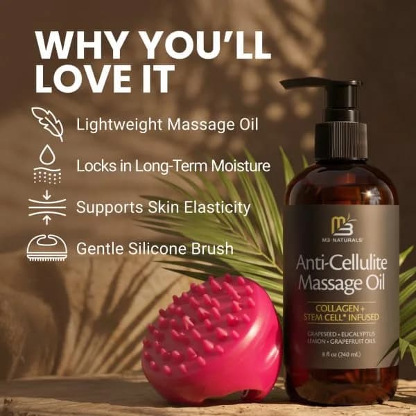 M3 Naturals Anti Cellulite Massage Oil 8 fl oz (237ml) with Silicone Body Brush Kit | Collagen & Stem Cell Infused thumbnail 12