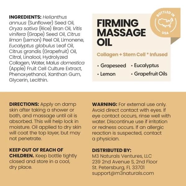 M3 Naturals Anti Cellulite Massage Oil 8 fl oz (237ml) with Silicone Body Brush Kit | Collagen & Stem Cell Infused thumbnail 4