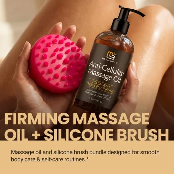 M3 Naturals Anti Cellulite Massage Oil 8 fl oz (237ml) with Silicone Body Brush Kit | Collagen & Stem Cell Infused thumbnail 5