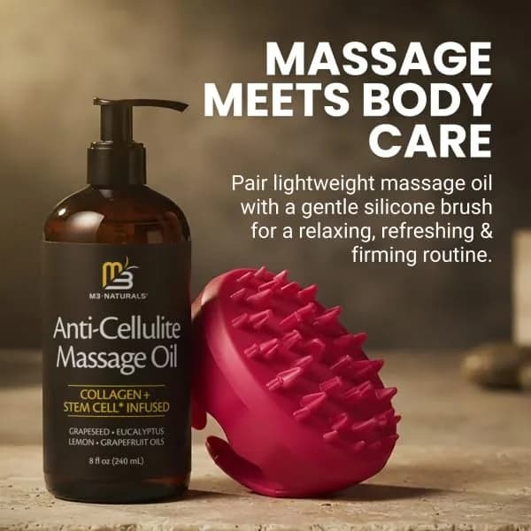 M3 Naturals Anti Cellulite Massage Oil 8 fl oz (237ml) with Silicone Body Brush Kit | Collagen & Stem Cell Infused thumbnail 8