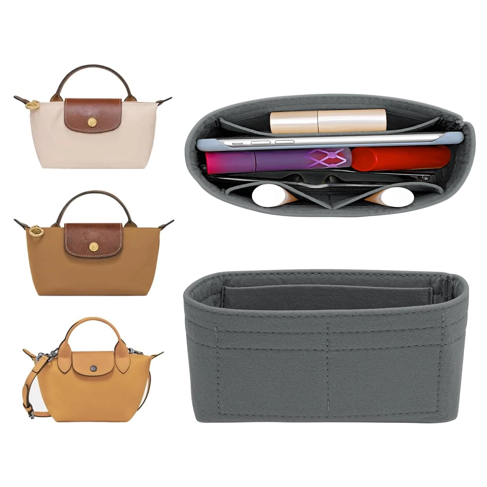 LOUKAYCCI Felt Purse Organizer Insert for Longchamp Le Pliage Mini | Lightweight Felt, 3 Compartments, Fits XS Bags — Light Grey Felt